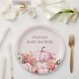 ピンクのパンプキン 秋の花柄 ベビーシャワー 紙皿