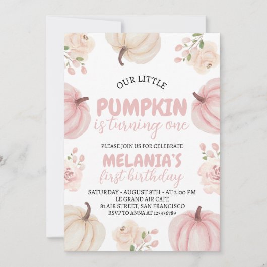 ピンクのパンプキン 誕生日招待状 招待状 (正面)
