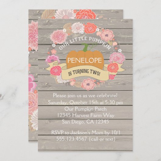 ピンクのパンプキン 2歳の誕生日パーティー招待状 招待状 (正面/裏面)