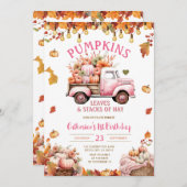 ピンクのパンプキ離れンの誕生日と干し草のスタック 招待状 (正面/裏面)