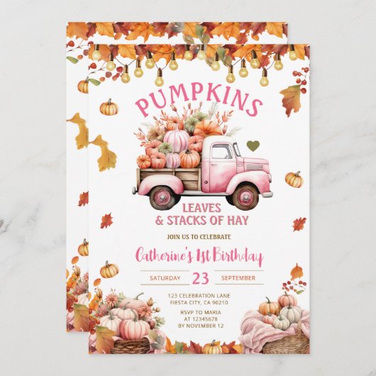 ピンクのパンプキ離れンの誕生日と干し草のスタック 招待状 (正面/裏面)