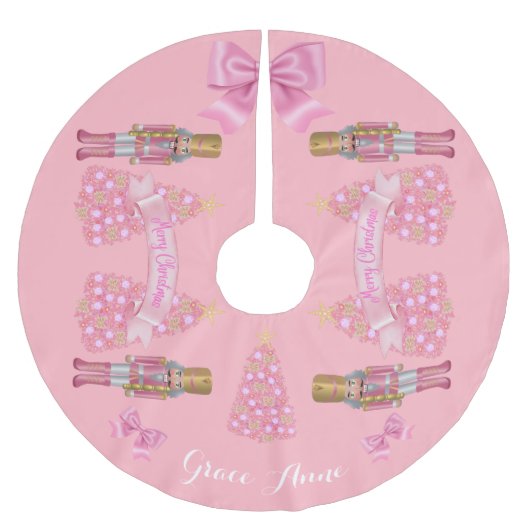 ピンクのパーソナライズされたくるみ割りクリスマスツリースカート ブラッシュドポリエステルツリースカート (正面)