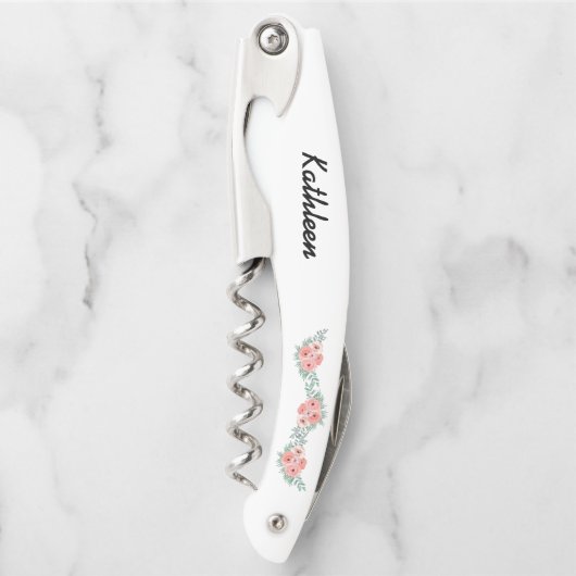 ピンクのパーソナライズされたフローラ花嫁ギフト ソムリエナイフ (正面)