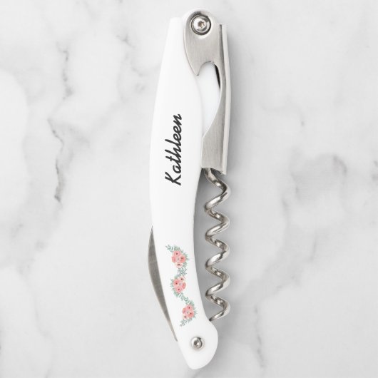 ピンクのパーソナライズされたフローラ花嫁ギフト ソムリエナイフ (裏面)