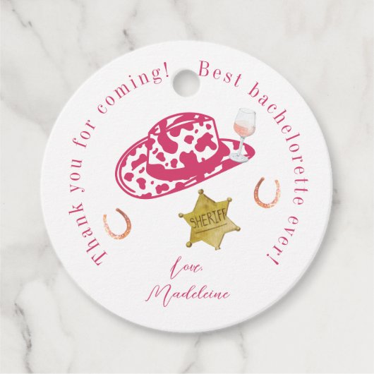 ピンクのパーソナライズカウガールハットカントリー独身最後の夜 フェイバータグ (正面)