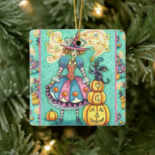 ピンクのパーティーウィッチはハロウィーン魔法、黒猫 セラミックオーナメント (ツリー)