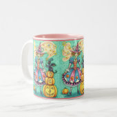 ピンクのパーティーウィッチはハロウィーン魔法、黒猫 ツートーンマグカップ (正面左)