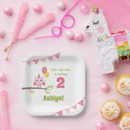ピンクのパーティーフクロウが2秒誕生日 ペーパープレート (パーティー)