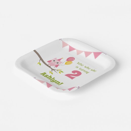 ピンクのパーティーフクロウが2秒誕生日 ペーパープレート (傾斜あり)