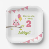 ピンクのパーティーフクロウが2秒誕生日 ペーパープレート (正面)