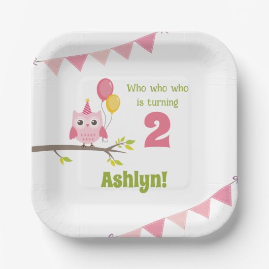 ピンクのパーティーフクロウが2秒誕生日 ペーパープレート (正面)
