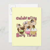 ピンクのパーティーモンキー3rd誕生日Tシャツとギフト インビテーションポストカード (正面/裏面)