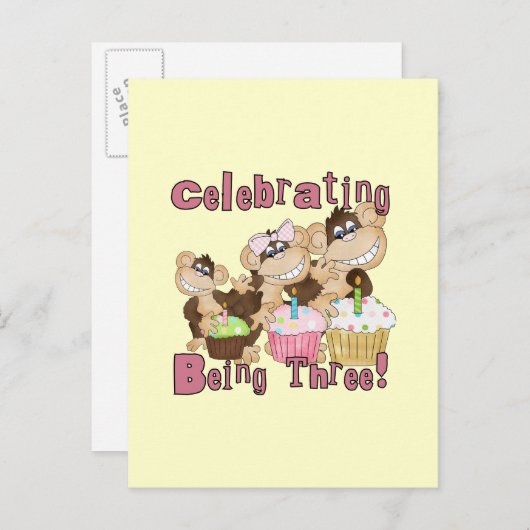 ピンクのパーティーモンキー3rd誕生日Tシャツとギフト インビテーションポストカード (正面/裏面)