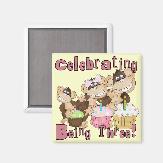 ピンクのパーティーモンキー3rd誕生日Tシャツとギフト マグネット (正面/裏面)