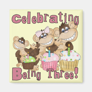 ピンクのパーティーモンキー3rd誕生日Tシャツとギフト マグネット
