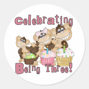ピンクのパーティーモンキー3rd誕生日Tシャツとギフト ラウンドシール