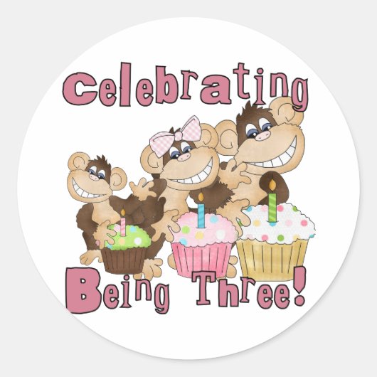 ピンクのパーティーモンキー3rd誕生日Tシャツとギフト ラウンドシール (正面)