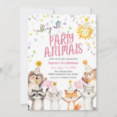 ピンクのパーティー動物のパーティー帽子誕生日 招待状 (正面)