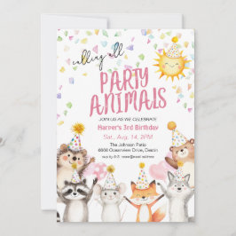 ピンクのパーティー動物のパーティー帽子誕生日 招待状