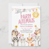ピンクのパーティー森林動物のパーティー帽子誕生日 招待状 (正面)