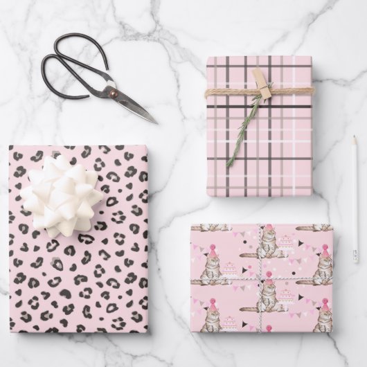 ピンクのパーティー猫誕生日ストライプ、プライド ラッピングペーパーシート (正面)