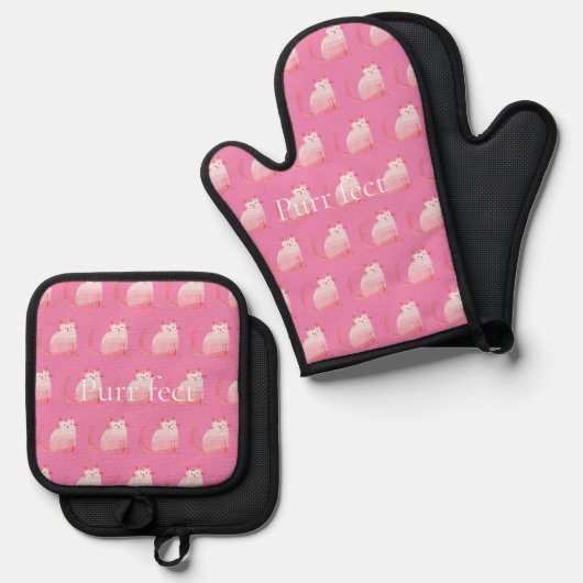 ピンクのパーフェクト猫 鍋つかみ&鍋敷きセット (正面/裏面)
