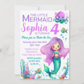 ピンクのパープルの人魚の誕生日招待状 招待状 (正面)