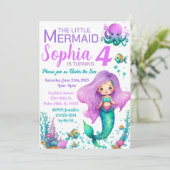 ピンクのパープルの人魚の誕生日招待状 招待状 (スタンド正面)