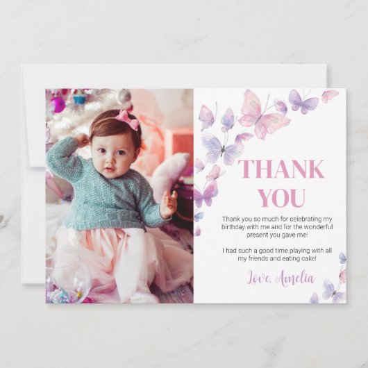 ピンクのパープルの蝶の誕生日写真ありがとう サンキューカード (正面)