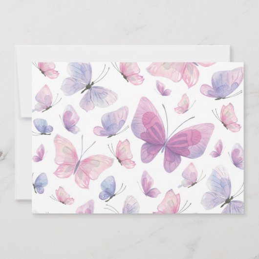 ピンクのパープルの蝶の誕生日写真ありがとう サンキューカード (裏面)