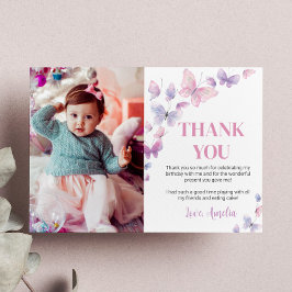 ピンクのパープルの蝶の誕生日写真ありがとう サンキューカード