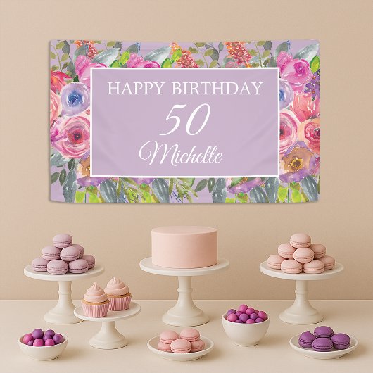 ピンクのパープルの野の花　ハッピー50歳の誕生日 横断幕
