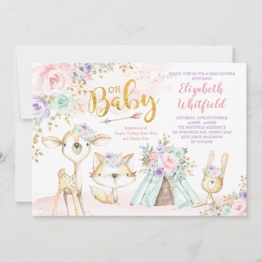 ピンクのパープルミントの部族のウッドランドのベビーシャワー 招待状 (正面)