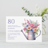 ピンクのパープル フラワーのじょうろ 80歳の誕生日 招待状 (スタンド正面)