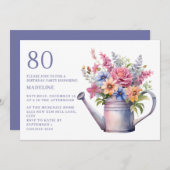 ピンクのパープル フラワーのじょうろ 80歳の誕生日 招待状 (正面/裏面)