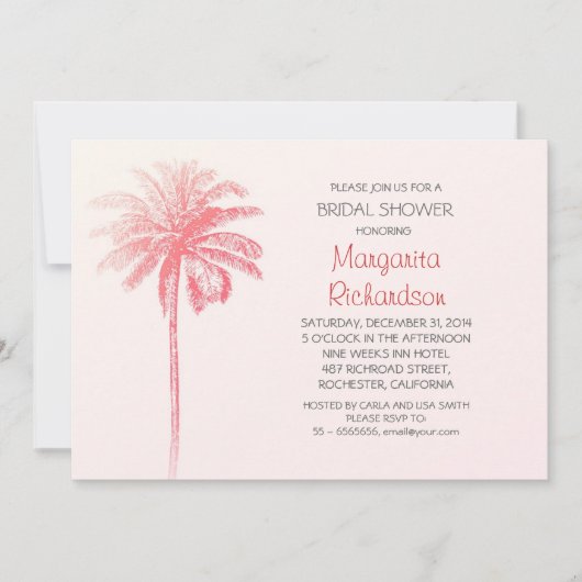 ピンクのパームツリーのビーチでのブライダルシャワーの招待状 招待状 (正面)