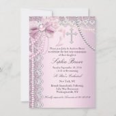 ピンクのパールボウ聖餐式またはバプテスマ 招待状 (正面)