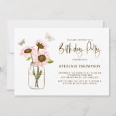 ピンクのヒマワリの誕生日パーティー付きメイソンジャー 招待状 (正面)