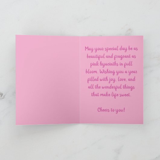 ピンクのヒヤシンスフローラ花誕生日挨拶 ノートカード (内部)