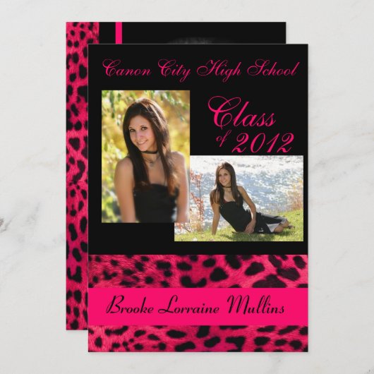 ピンクのヒョウのアニマルプリントの卒業の発表 招待状 (正面/裏面)