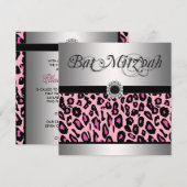 ピンクのヒョウのバットミツバの招待状 招待状 (正面/裏面)