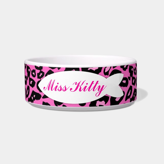 ピンクのヒョウのプリントのカスタムでなま臭い子猫ボール ボウル (正面)