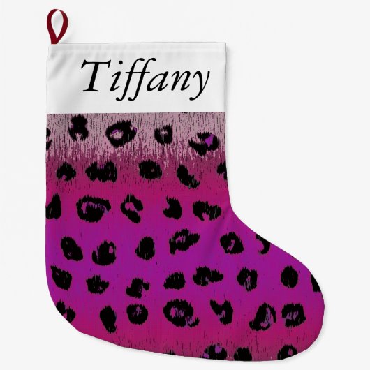 ピンクのヒョウのプリントのパーソナライズなクリスマスのストッキング ラージクリスマスストッキング (正面)