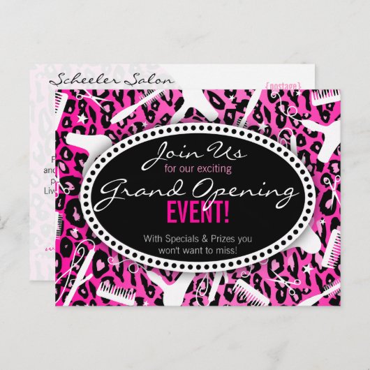 ピンクのヒョウのプリントのヘアーサロンのオープン インビテーションポストカード (正面/裏面)
