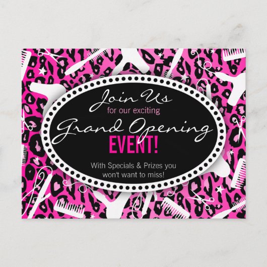 ピンクのヒョウのプリントのヘアーサロンのオープン インビテーションポストカード (正面)