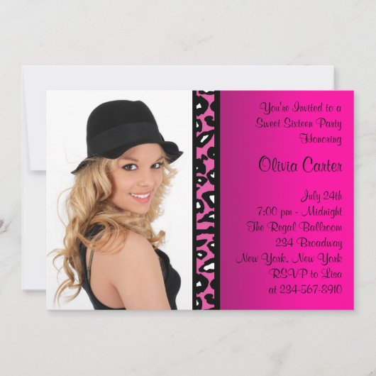 ピンクのヒョウの写真 スイート16の誕生日パーティー 招待状 (正面)