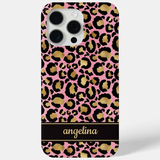 ピンクのヒョウ柄にゴールド箔押しのモノグラム Case-Mate iPhoneケース (裏面)