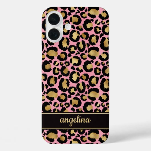 ピンクのヒョウ柄にゴールド箔押しのモノグラム Case-Mate iPhoneケース (裏面)
