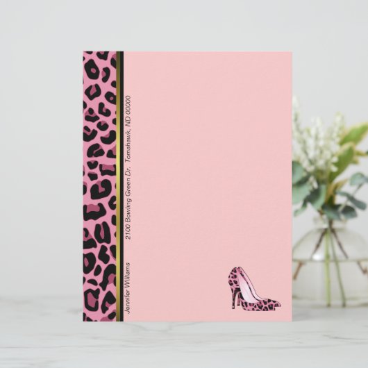 ピンクのヒョウ柄のカスタムレターヘッド文房具 (スタンド正面)