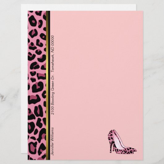 ピンクのヒョウ柄のカスタムレターヘッド文房具 (正面/裏面)